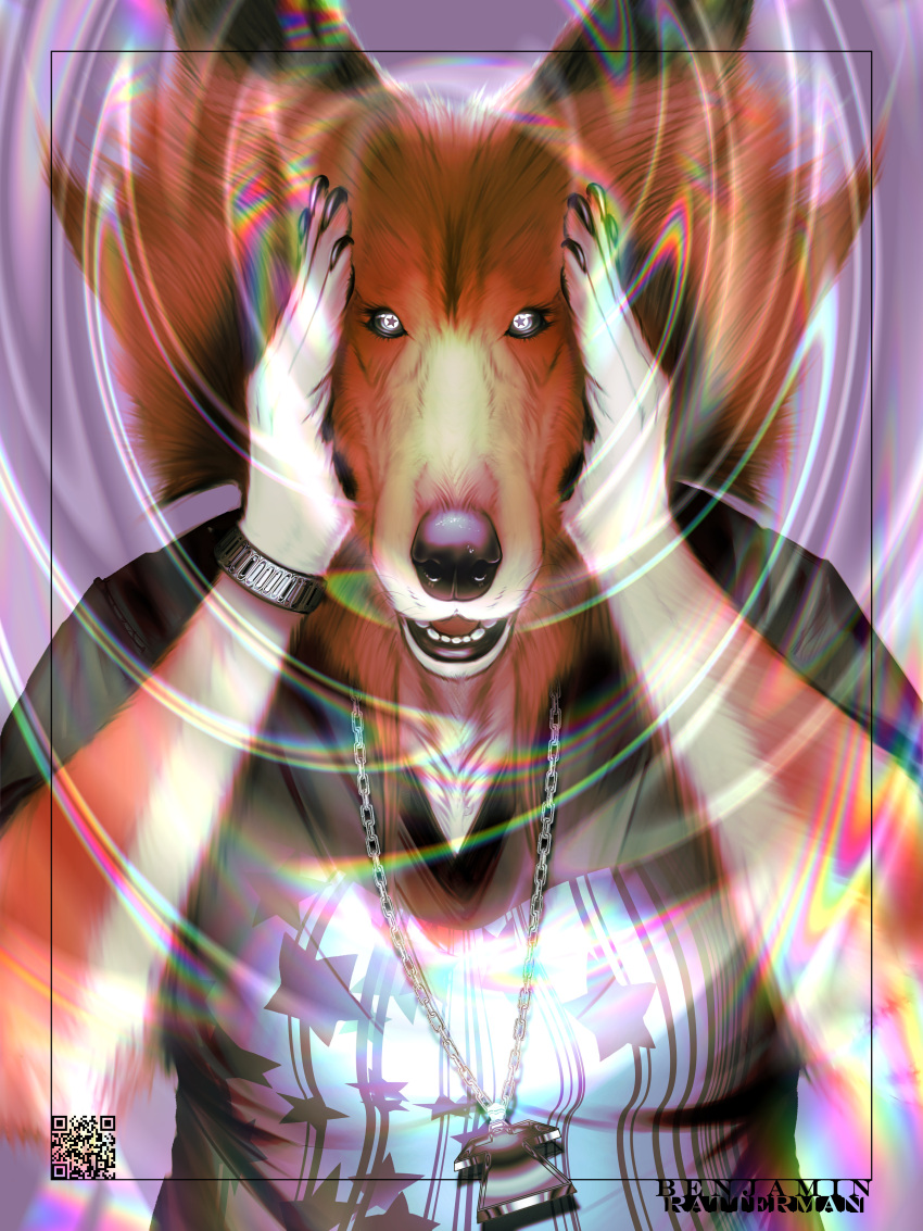 absurd_res anthro benjamin_ratterman canid canine canis collie cross domestic_dog female hand_on_head herding_dog hi_res iridescent jewelry looking_at_viewer mammal necklace pastoral_dog rough_collie sheepdog solo star_eyes