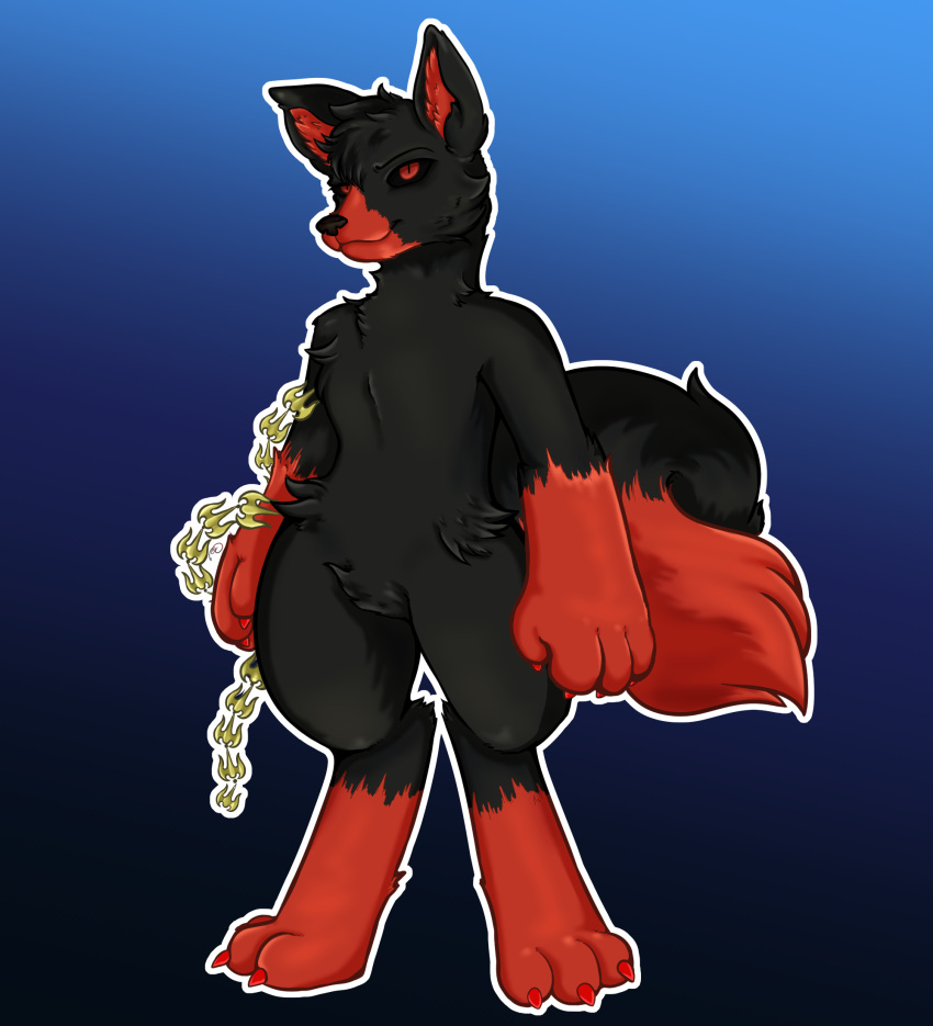 anthro black_body black_fur canid canine canis curled_tail fur hi_res looking_at_viewer male mammal metal_chain model_sheet ramerooni red_body red_eyes red_fur solo wolf