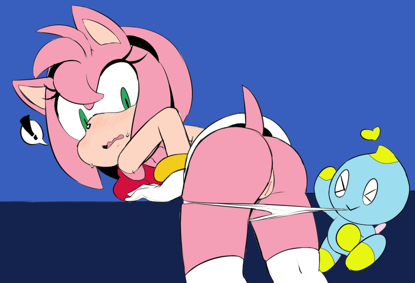 ! accessory amy_rose anthro bent_over blue_background bottomwear butt chao_(sonic) clothing clothing_pull eulipotyphlan female fur genitals gloves green_eyes hair handwear headband hearlesssoul hedgehog hi_res mammal panties panties_in_mouth panty_pull pink_body pink_fur pink_hair pussy rear_view rockmanjusc simple_background skirt solo_focus sonic_the_hedgehog_(series) underwear underwear_pull