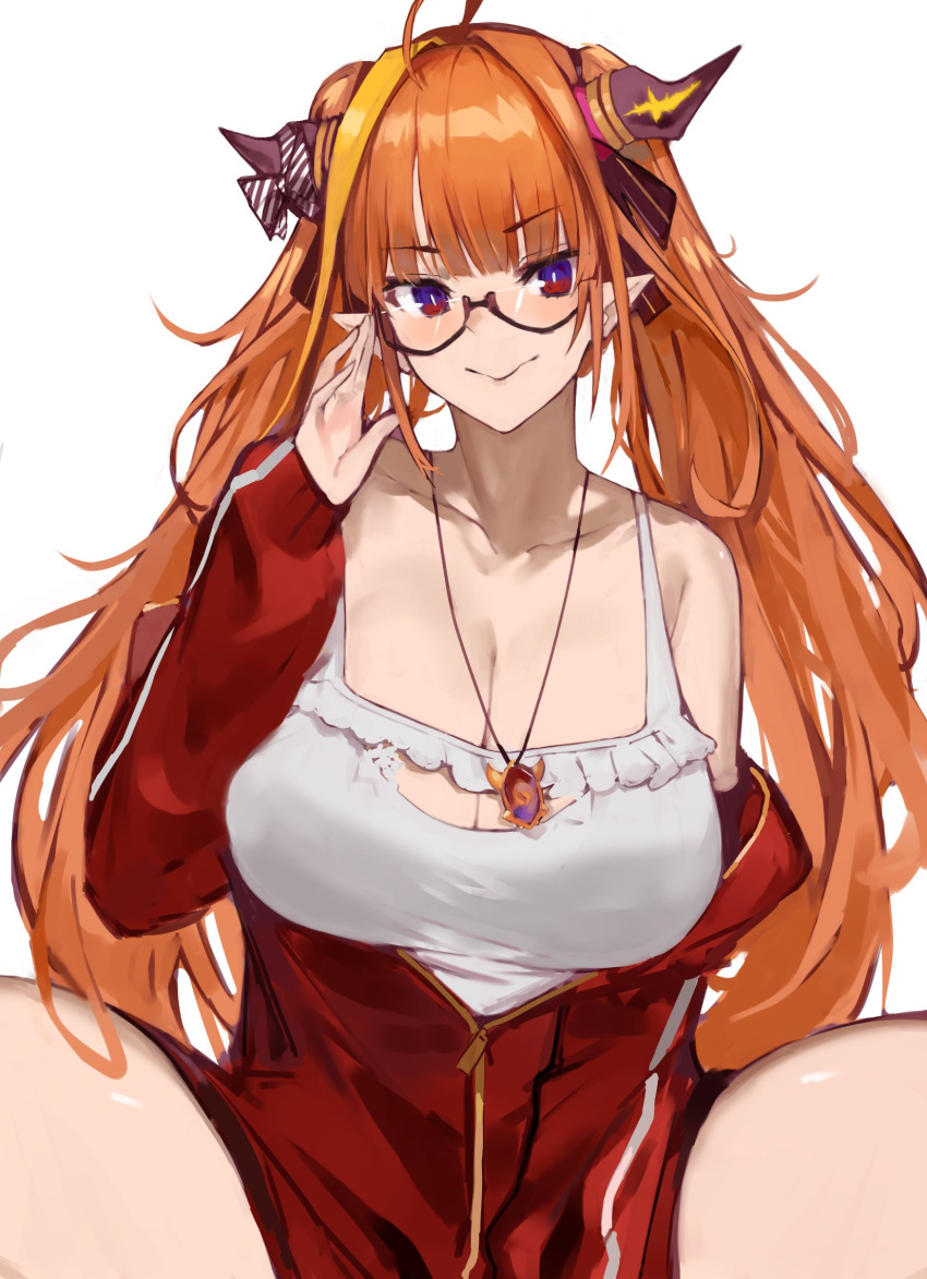 1girl adjusting_eyewear ahoge bangs bare_shoulders bespectacled blonde_hair blunt_bangs bow breasts bright_pupils camisole cleavage cleavage_cutout clothing_cutout collarbone cowboy_shot diagonal-striped_bow dokuro_deluxe dragon_girl dragon_horns eyebrows_visible_through_hair frilled_camisole glasses hair_intakes hair_ribbon hand_up highlights highres hololive horn_bow horns jacket jewelry kiryu_coco large_breasts long_hair long_sleeves looking_at_viewer messy_hair multicolored multicolored_eyes multicolored_hair off_shoulder official_alternate_costume open_clothes open_jacket orange_hair partially_unzipped pendant pointy_ears purple_eyes red_eyes red_jacket ribbon semi-rimless_eyewear sidelocks simple_background sitting slit_pupils smile solo spaghetti_strap spread_legs streaked_hair striped striped_bow track_jacket twintails under-rim_eyewear virtual_youtuber white_background white_camisole white_pupils zipper_pull_tab