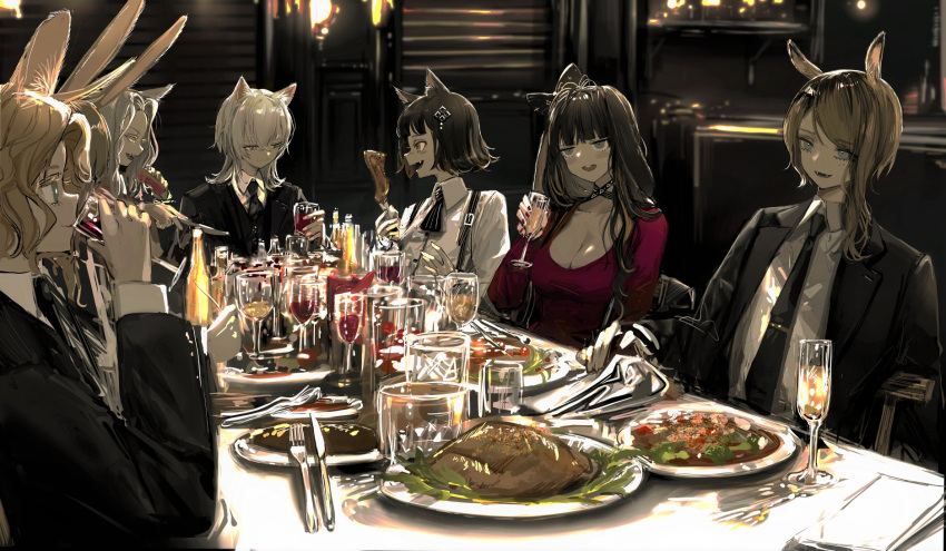 2boys 4girls animal_ear_fluff animal_ears asymmetrical_hair banquet beer_bottle black_bow black_jacket black_neckwear blonde_hair blush_stickers bow breasts brown_hair bunny_ears cat_ears champagne_flute cleavage collared_shirt cup cutlery dinner dress dress_shirt drinking drinking_glass fangs food fork green_eyes grey_hair hair_bow hand_on_table hand_up highres holding holding_food indoors jacket knife large_breasts long_hair looking_at_another medium_hair multiple_boys multiple_girls narue necktie original plate red_dress red_nails shirt short_hair sitting striped striped_neckwear suit_jacket suspenders waistcoat white_shirt wine_glass