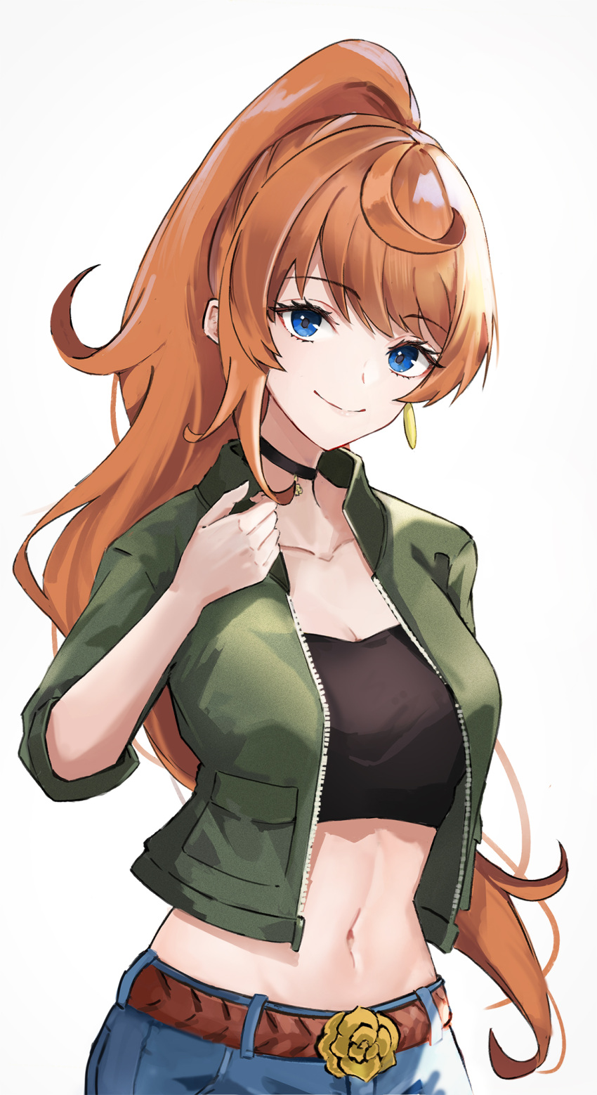 1girl anna_schneider bangs belt black_choker blue_eyes breasts brown_belt choker cleavage collarbone commentary_request crop_top ema_(kuguiema) eyebrows_visible_through_hair green_jacket grey_background highres jacket long_hair medium_breasts midriff navel open_clothes open_jacket orange_hair ponytail short_sleeves simple_background solo stomach strapless takt_op._destiny tube_top upper_body very_long_hair