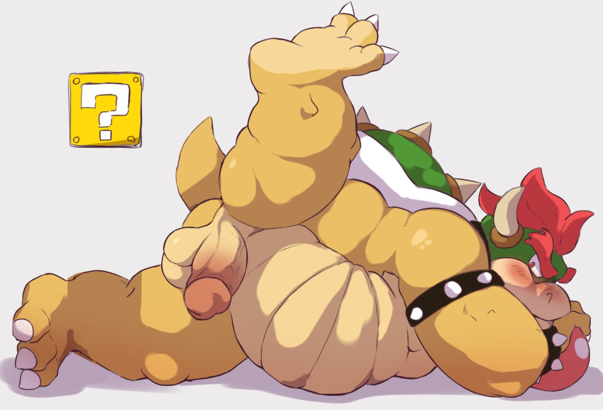 2021 anthro balls belly blush bowser butt genitals hi_res kemono koopa male mario_bros nintendo overweight overweight_male penis scalie simple_background solo video_games yoshizaurusu_n