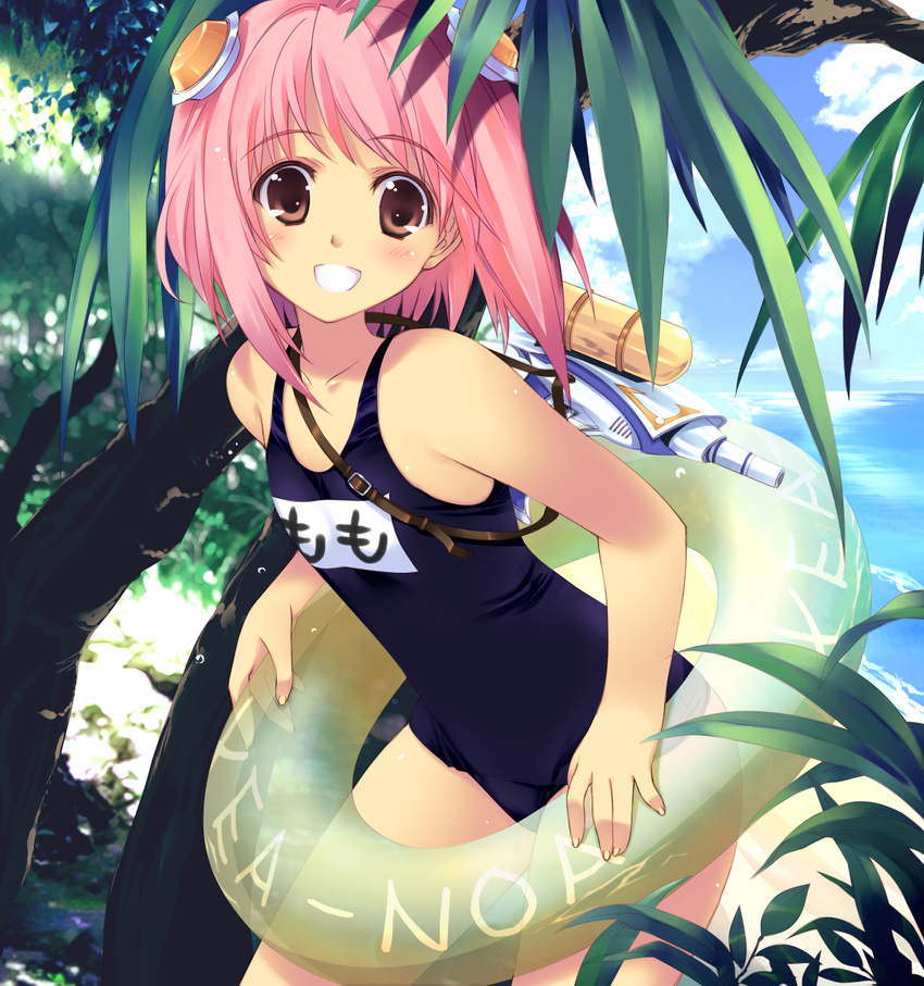 beach black_school_swimsuit blush day duplicate highres iizuki_tasuku innertube m.o.m.o. name_tag one-piece_swimsuit pink_eyes pink_hair school_swimsuit short_hair solo swimsuit water_gun xenosaga