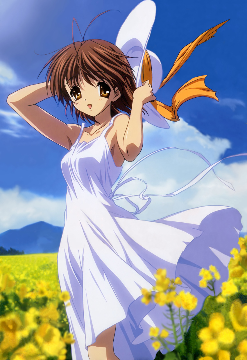 :d absurdres antenna_hair arms_up artist_request bare_arms blurry brown_eyes brown_hair clannad cloud day depth_of_field dress field flower flower_field furukawa_nagisa hat hat_removed hat_ribbon headwear_removed highres holding holding_hat looking_at_viewer official_art open_mouth outdoors rapeseed_blossoms ribbon sky sleeveless sleeveless_dress smile solo sun_hat sundress white_dress wind