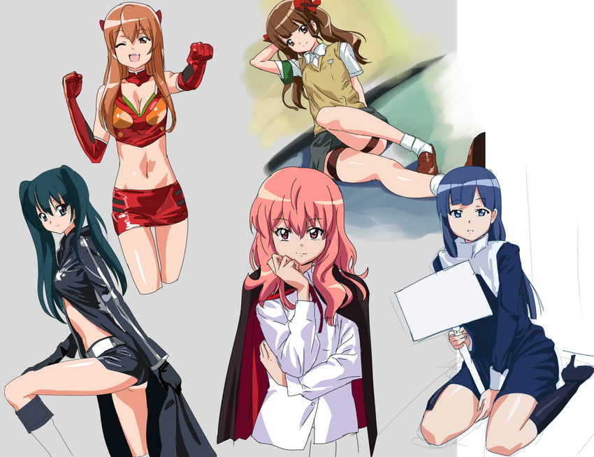 ass black_rock_shooter black_rock_shooter_(character) blue_eyes blue_hair cape cosplay crossover kannagi kneeling legs long_hair louise_francoise_le_blanc_de_la_valliere makacoon multiple_crossover multiple_girls neon_genesis_evangelion one_eye_closed pink_hair shirai_kuroko shorts skirt souryuu_asuka_langley souryuu_asuka_langley_(cosplay) to_aru_kagaku_no_railgun to_aru_majutsu_no_index twintails zange zero_no_tsukaima