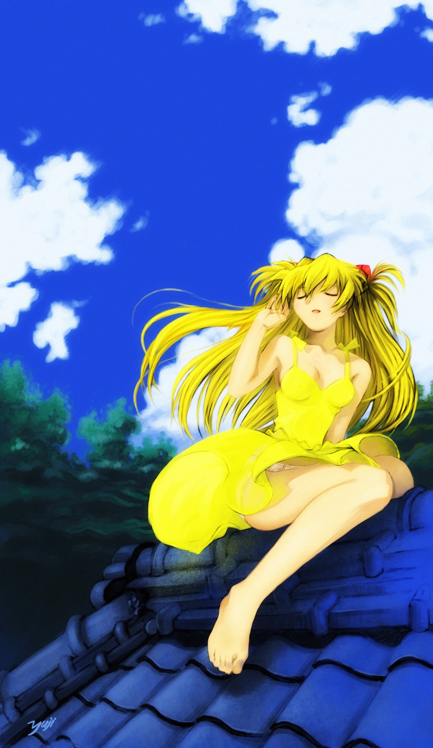 absurdres barefoot blonde_hair closed_eyes cloud day dress dress_lift feet highres kobayashi_yuuji legs long_hair neon_genesis_evangelion outdoors panties pantyshot pantyshot_(sitting) rooftop sitting sky solo souryuu_asuka_langley underwear wind wind_lift yellow_dress