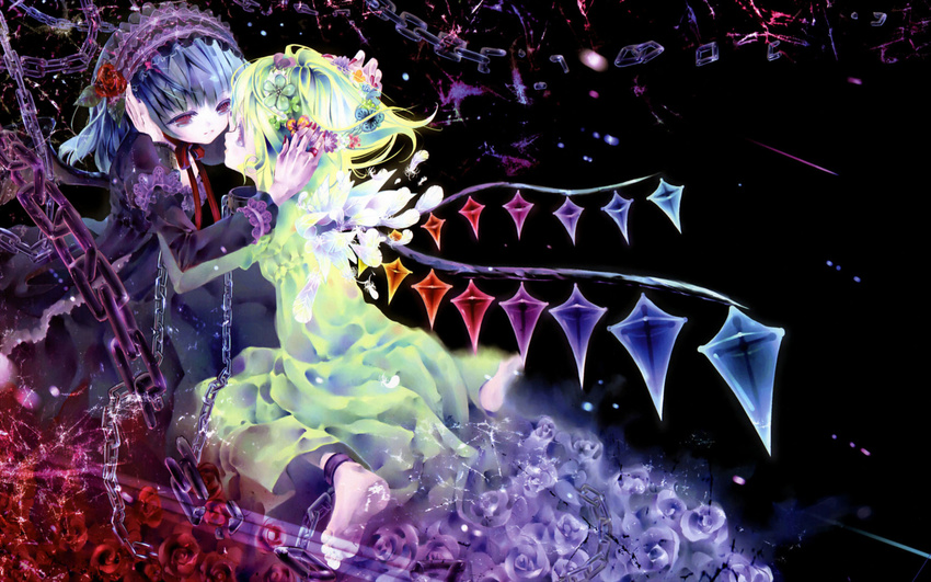 alternate_costume barefoot blonde_hair blue_hair chain cradle_(artist) dark dress eye_contact eyelashes feathers flandre_scarlet flower gothic_lolita hairband highres jewelry lolita_fashion long_sleeves looking_at_another multiple_girls nail_polish red_eyes red_nails remilia_scarlet ring rose scan short_hair siblings sisters touhou wings wreath