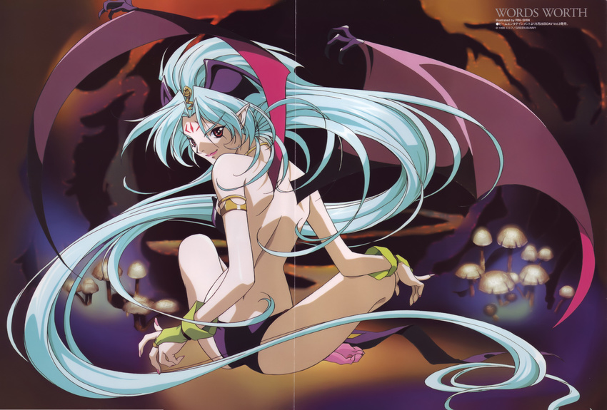 armlet back bat_wings blue_hair bridal_gauntlets crease delta_(words_worth) demon_girl facial_mark forehead_mark from_behind gloves head_wings highres long_hair looking_back megami mushroom nail_polish pale_skin pink_nails pointy_ears red_eyes rin-sin scan sitting smile solo succubus very_long_hair wings words_worth