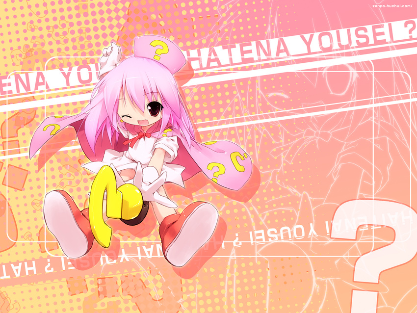 benesse hat hatena_yousei highres kuroba_u one_eye_closed pink_cape pink_hair pink_hat solo