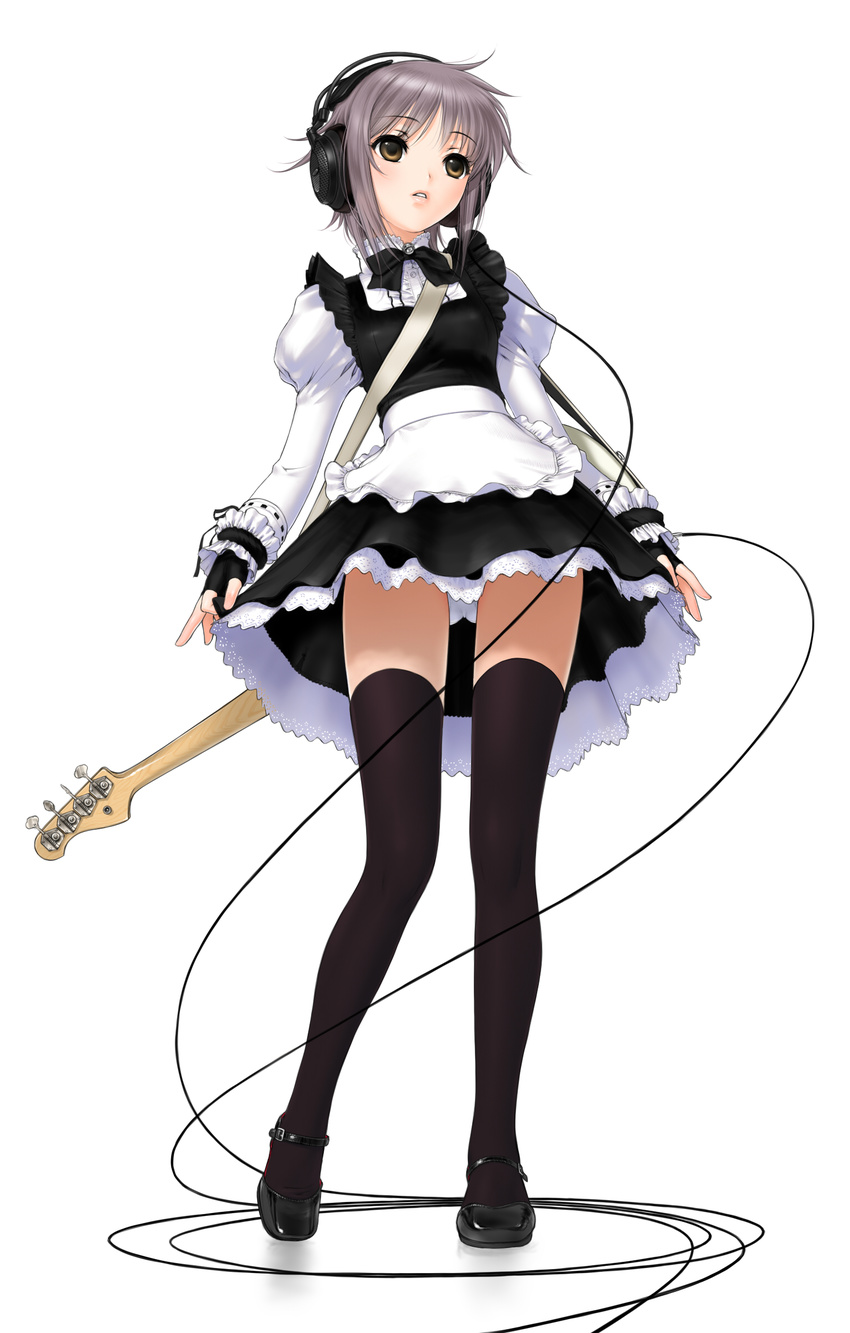 absurdres bad_id bad_pixiv_id bangs bass_guitar from_below full_body headphones highres instrument legs maid mary_janes nagato_yuki panties pantyshot parted_lips sano_toshihide shoes short_hair simple_background solo standing suzumiya_haruhi_no_yuuutsu thighhighs tissue_princess underwear white_background