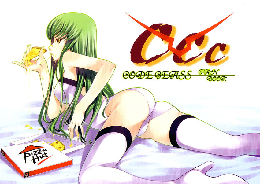 artist_request ass bangs bed boots c.c. cheese code_geass eating food green_hair high_heels highres holding_pizza long_hair lying on_stomach pizza pizza_hut product_placement sexually_suggestive shoes solo thigh_boots thighhighs white_legwear yellow_eyes