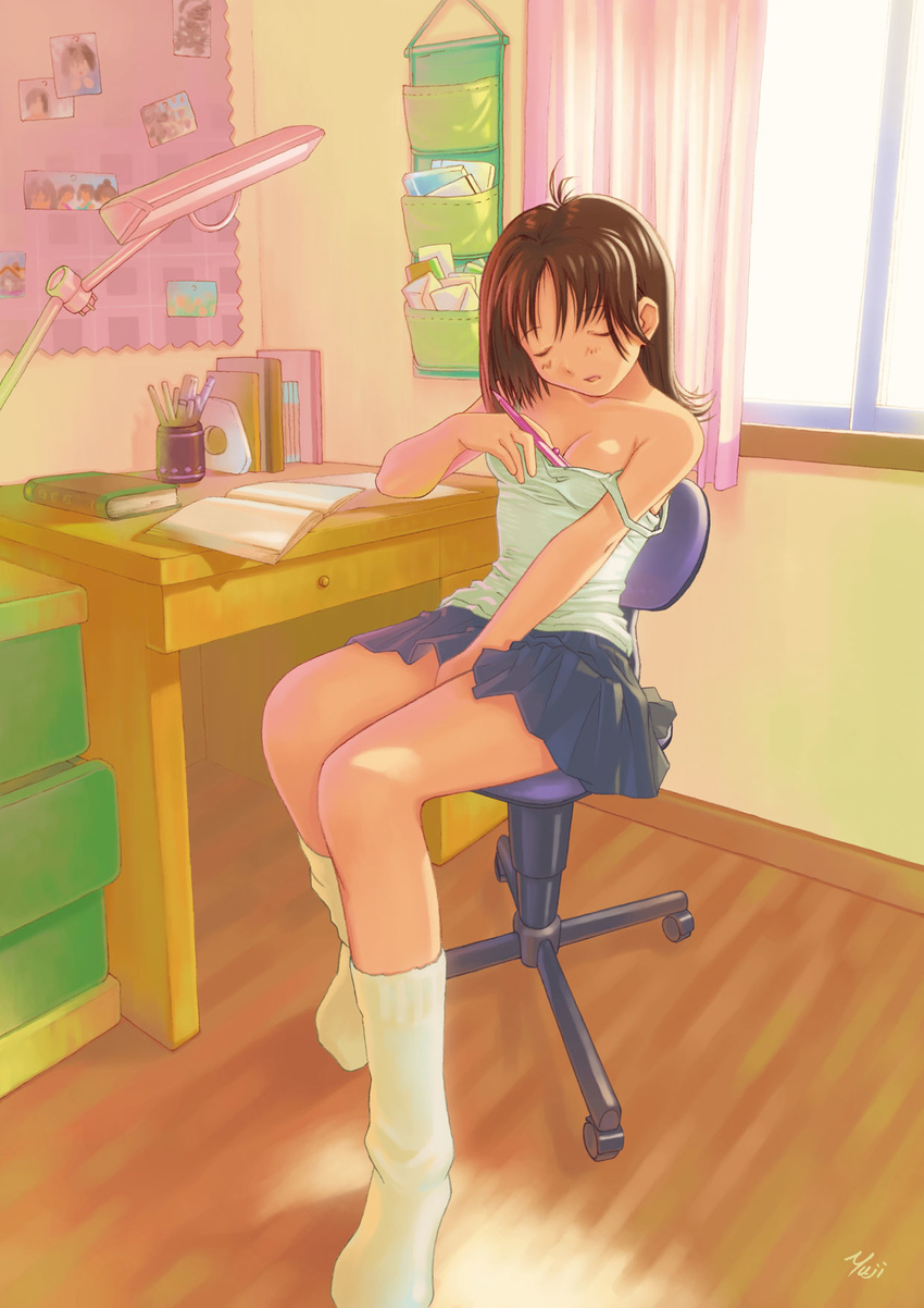 blush breasts brown_hair camisole chair desk highres implied_masturbation kobayashi_yuuji mechanical_pencil off_shoulder original pencil sitting skirt small_breasts socks solo strap_slip