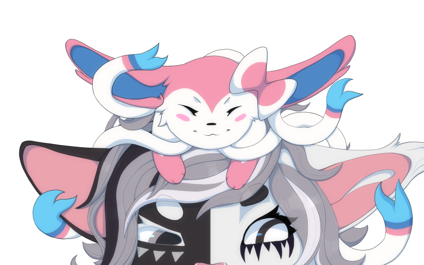 :3 anthro anu_and_syl black_fur blush bow chimerism domestic_cat eeveelution felid feline felis fluffy fur happy maine_coon mammal nintendo pink_fur pok&eacute;mon pok&eacute;mon_(species) ribbons smile sylveon takahiroreta video_games white_fur