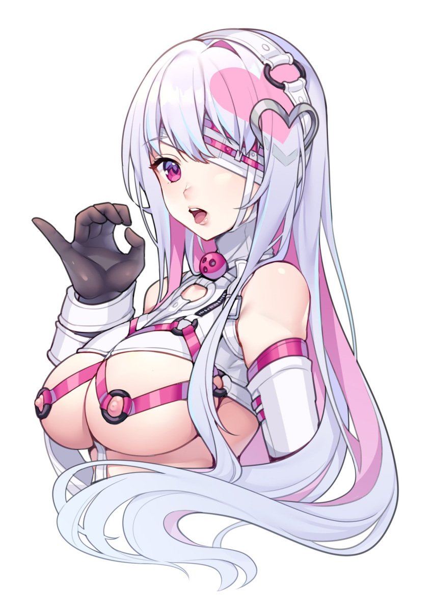 ball_gag bangs breasts dohna_dohna eyepatch fellatio_gesture gag gloves hair_ornament heart heart_hair_ornament highres may_(2747513627) multicolored_hair nipples open_mouth porno_(dohna_dohna) revealing_clothes silver_hair simple_background swept_bangs tongue tongue_out two-tone_hair underboob white_background