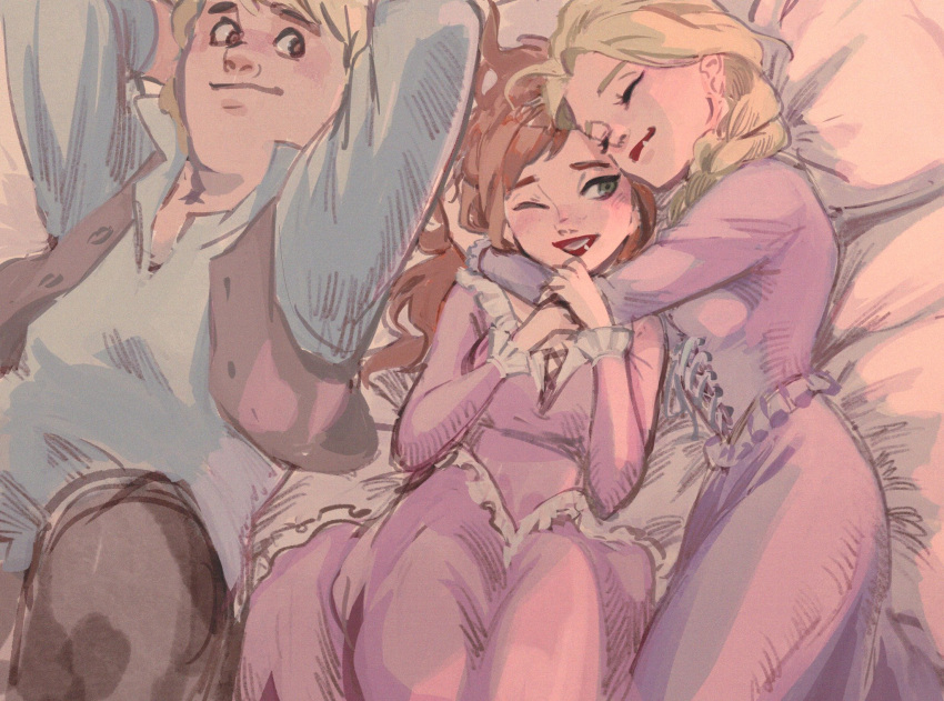 1boy 2girls anna_(frozen) arms_around_neck arms_behind_head bed blonde_hair blue_shirt blush braid breasts brown_hair closed_eyes closed_mouth cross-laced_clothes curly_hair dress elsa_(frozen) freckles frilled_dress frills from_above frozen_(disney) gori_matsu green_eyes hair_down high_collar highres hug kristoff_(frozen) lineup long_hair long_sleeves looking_at_another looking_to_the_side lying multiple_girls on_back on_bed on_side one_eye_closed parted_lips purple_dress red_lips shirt siblings side_braid sidelighting sisters small_breasts smile thick_eyebrows waistcoat wrist_grab