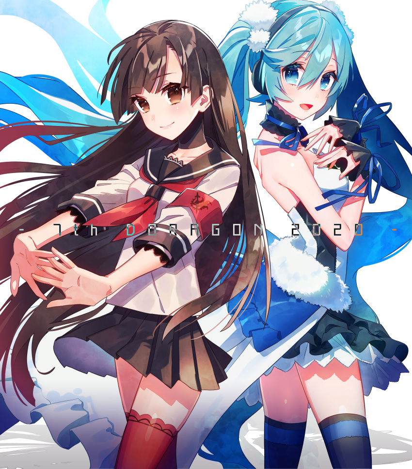 2girls 7th_dragon_(series) 7th_dragon_2020 :d absurdres aqua_eyes aqua_hair armband back-to-back bangs bare_shoulders black_choker black_legwear black_sailor_collar black_skirt blue_ribbon blunt_bangs breasts brown_eyes brown_hair choker closed_mouth collarbone commentary_request copyright_name cowboy_shot dress eyebrows_visible_through_hair hair_between_eyes hands_on_own_chest hatsune_miku hazuki_mizuho headphones highres interlocked_fingers katanako long_hair looking_at_viewer multiple_girls neckerchief open_mouth own_hands_together pom_pom_(clothes) red_legwear red_neckwear ribbon ribbon_choker romaji_text sailor_collar samurai_(7th_dragon_series) shadow short_sleeves sidelocks simple_background skindentation skirt sleeveless small_breasts smile standing strapless strapless_dress thighhighs twintails very_long_hair vocaloid waist_cape white_background white_dress white_serafuku wrist_wrap zettai_ryouiki