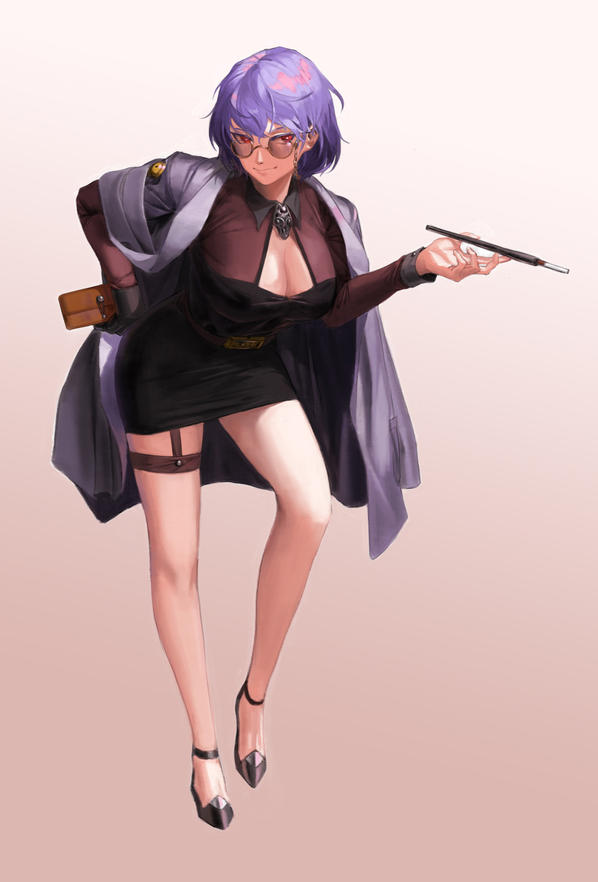 1girl alternate_costume belt black_skirt breasts cigarette cigarette_holder cleavage cleavage_cutout clothing_cutout full_body girls_frontline gloves gradient gradient_background highres holding jacket jacket_on_shoulders large_breasts leaning_forward long_sleeves mannaru pencil_skirt purple_hair red_eyes short_hair single_glove skirt smile solo strappy_heels sunglasses thigh_strap thompson_(girls_frontline)