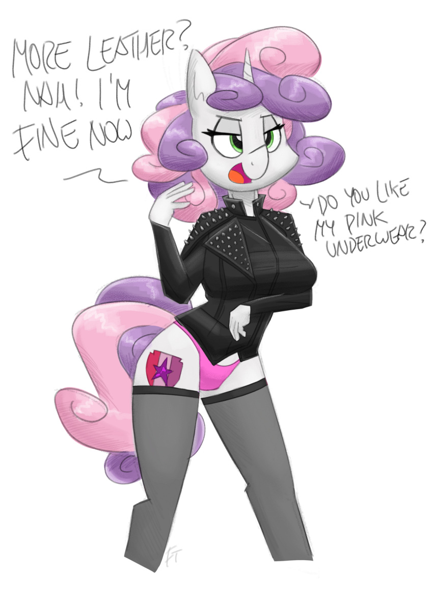 anthro clothing cutie_mark dialogue english_text equid equine female flutterthrash friendship_is_magic hi_res horn jacket leather leather_clothing leather_jacket leather_topwear legwear mammal my_little_pony panties solo stockings sweetie_belle_(mlp) text topwear underwear unicorn