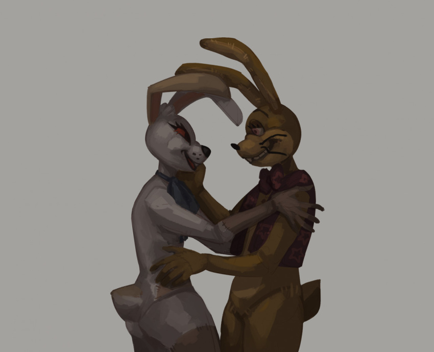 2020 anthro bow_tie buckteeth duo eye_contact eyelashes female five_nights_at_freddy's five_nights_at_freddy's:_security_breach fnaf_vr_help_wanted glitchtrap grin holding_each_other lagomorph leporid long_ears looking_at_another male mammal open_mouth rabbit red_sclera simple_background smile ss0v3l teeth vanny_(fnaf) video_games whiskers white_body
