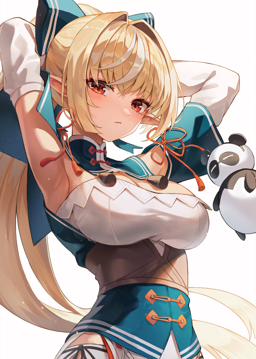 1girl absurdres armpits arms_behind_head blonde_hair blue_bow blush bow breasts cleavage closed_mouth eyebrows_visible_through_hair hair_bow highres hololive kintsuba_(shiranui_flare) large_breasts long_hair looking_at_viewer multicolored_hair myung_yi pointy_ears red_eyes shiranui_flare simple_background two-tone_hair very_long_hair virtual_youtuber white_background white_hair