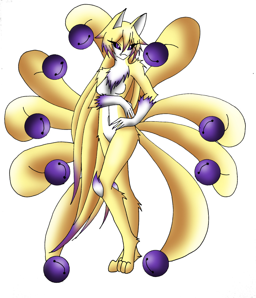anthro arm_tuft asian_mythology bell black_sclera blonde_hair breasts canid canine canis chest_tuft claws east_asian_mythology featureless_breasts featureless_crotch female fox fox_spirit fur hair hand_on_hip hi_res jingle_bell knee_tuft leg_tuft long_hair looking_at_viewer mammal mythology nikku_lunatique noseless nude ouko purple_body purple_claws purple_eyes purple_fur purple_hair simple_background solo tuft white_background white_body white_fur yellow_body yellow_fur