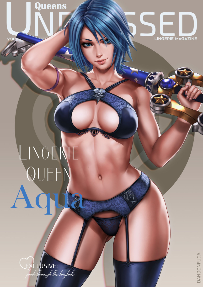 aqua_(kingdom_hearts) bra cleavage dandon_fuga kingdom_hearts kingdom_hearts_birth_by_sleep pantsu thighhighs weapon