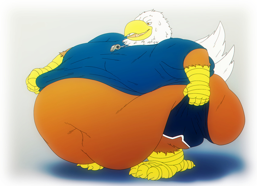 2018 4_toes 5_fingers accipitrid accipitriform anisodactyl anthro avian bald_eagle beak belly big_belly big_butt biped bird bird_feet blue_clothing blue_shirt blue_topwear bodily_fluids bottomwear brown_body brown_feathers butt claws clothed clothing deep_navel digital_media_(artwork) eagle feathers feet finger_claws fingers huge_butt huge_thighs hyper hyper_belly louie_(cheddarcheesebiscuits) male moobs morbidly_obese morbidly_obese_anthro morbidly_obese_male multicolored_body multicolored_feathers navel obese obese_anthro obese_male open_beak open_mouth open_smile overweight overweight_anthro overweight_male pink_tongue scuted_arms scutes sea_eagle shadow shirt shorts simple_background smile solo standing sweat sweatdrop tail_feathers talons teddybearlumpkins thick_thighs three-quarter_view toe_claws toes tongue topwear torn_bottomwear torn_clothing whistle white_background white_body white_feathers yellow_beak yellow_claws