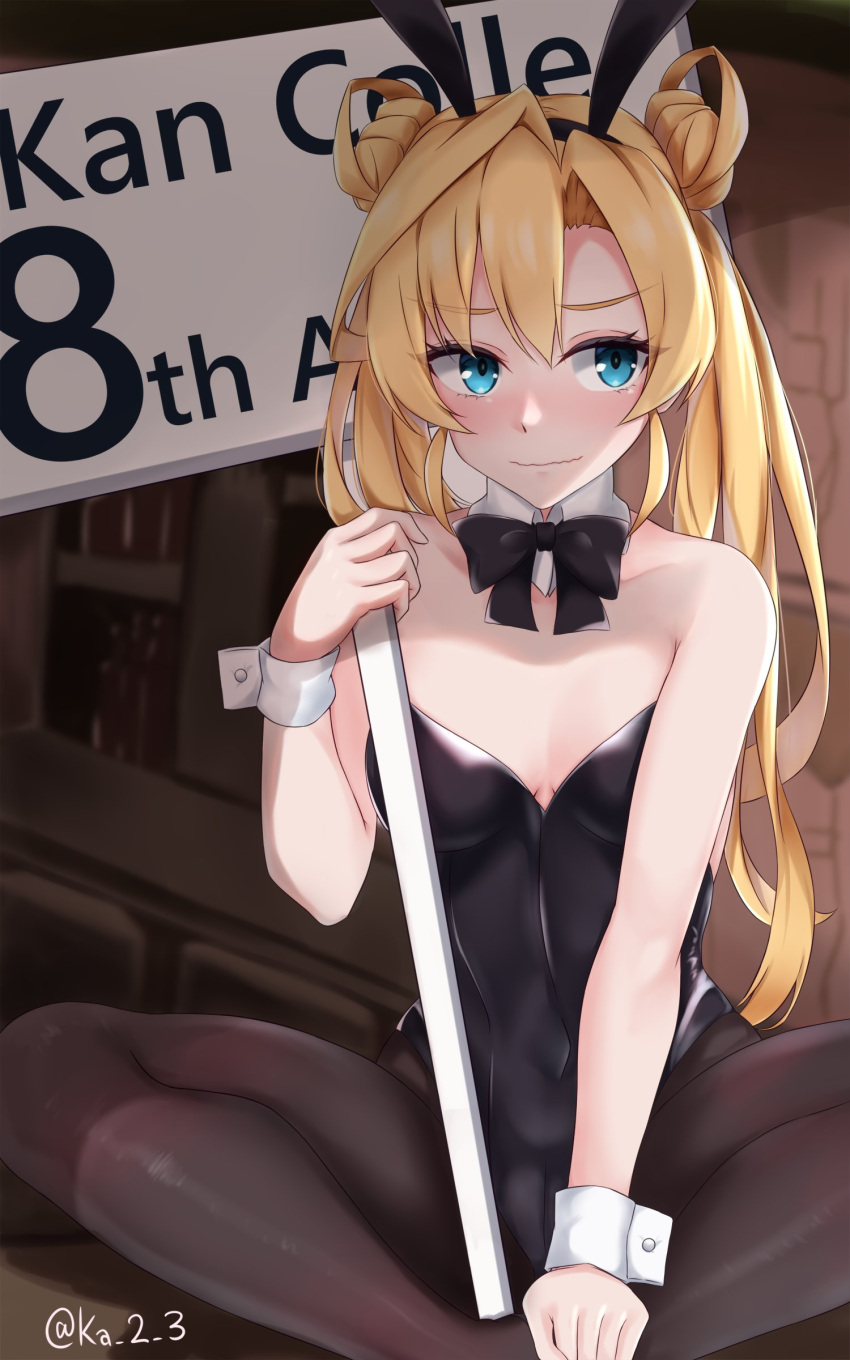 1girl absurdres abukuma_(kancolle) animal_ears anniversary black_legwear black_leotard blonde_hair blue_eyes bow bowtie breasts bunny_ears commentary_request copyright_name detached_collar double_bun facing_viewer hair_rings highres indian_style ka_tsumi kantai_collection leotard long_hair pantyhose placard playboy_bunny sideways_glance sign sitting small_breasts solo strapless strapless_leotard twitter_username wrist_cuffs