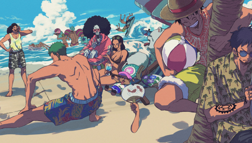 2girls 6+boys afro annoyed aqua_hair arm_tattoo back barefoot beach beach_chair beach_umbrella bepo bikini black_hair blonde_hair blue_sky brook camisole closed_eyes day dutch_angle extra_arms eyewear_on_head fan fishman franky friends furry green_hair grin hat height_difference highres impossible_hair jet_ski jimbei long_hair looking_at_another lying male_swimwear monkey_d._luffy multiple_boys multiple_girls nami_(one_piece) nico_robin ocean on_back one_piece outdoors penguin_(one_piece) pointing pointing_at_self roronoa_zoro sanji scar scar_on_cheek scar_on_face shachi_(one_piece) shirt short_hair shorts sitting skeleton skull sky smile splashing standing straw_hat stretch summer sunglasses swimsuit swimwear tattoo toes tongue tongue_out tony_tony_chopper umbrella usopp v-shaped_eyebrows water x_x zhi_(okkyoyo)