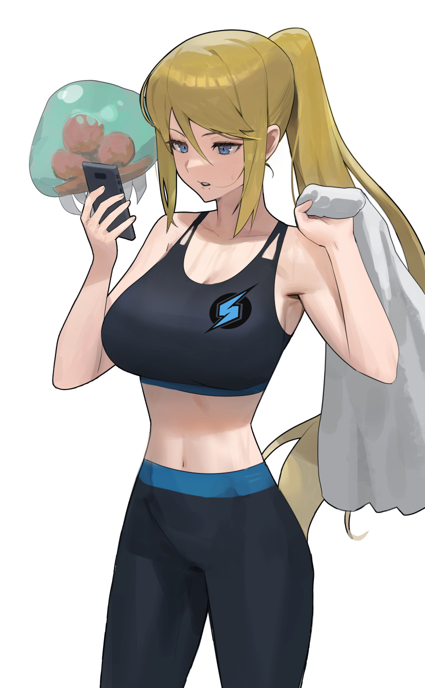 1girl absurdres bangs bare_shoulders black_pants black_sports_bra blonde_hair blue_eyes breasts cellphone cleavage collarbone highres hood_(james_x) large_breasts long_hair metroid metroid_(creature) navel pants phone ponytail samus_aran sidelocks sports_bra sweat swept_bangs thighs tight tight_pants towel yoga_pants