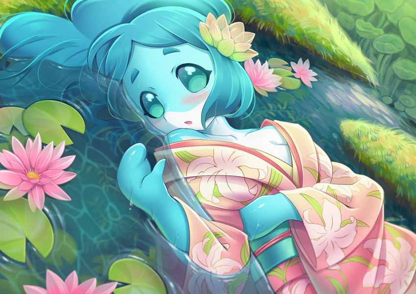 2021 accessory anthro asian_clothing blue_body blue_hair blue_skin blush brand_new_animal breasts cetacean clothed clothing delphinoid east_asian_clothing female flipper_hands flower flower_in_hair grass green_eyes hair hair_accessory japanese_clothing kemono kimono long_hair looking_at_viewer lotus_(flower) mammal marine nagoshinikake nina_flip no_sclera oceanic_dolphin partially_submerged plant snout solo studio_trigger toothed_whale water