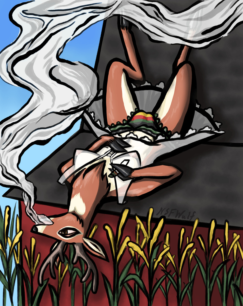 absurd_res anthro antlers barn blue_sky boho_style braless breasts bulge capreoline cervid clothing corn cornstalks dress drugs farm field food hi_res hooves horn lace_panties lingerie lying mammal marijuana nipples nsfwulf on_back plant relaxing roof rooftop sky small_breasts smoke smoking smoking_weed solo trans_(lore) trans_woman_(lore) translucent translucent_clothing translucent_dress upskirt white-tailed_deer white_clothing white_dress