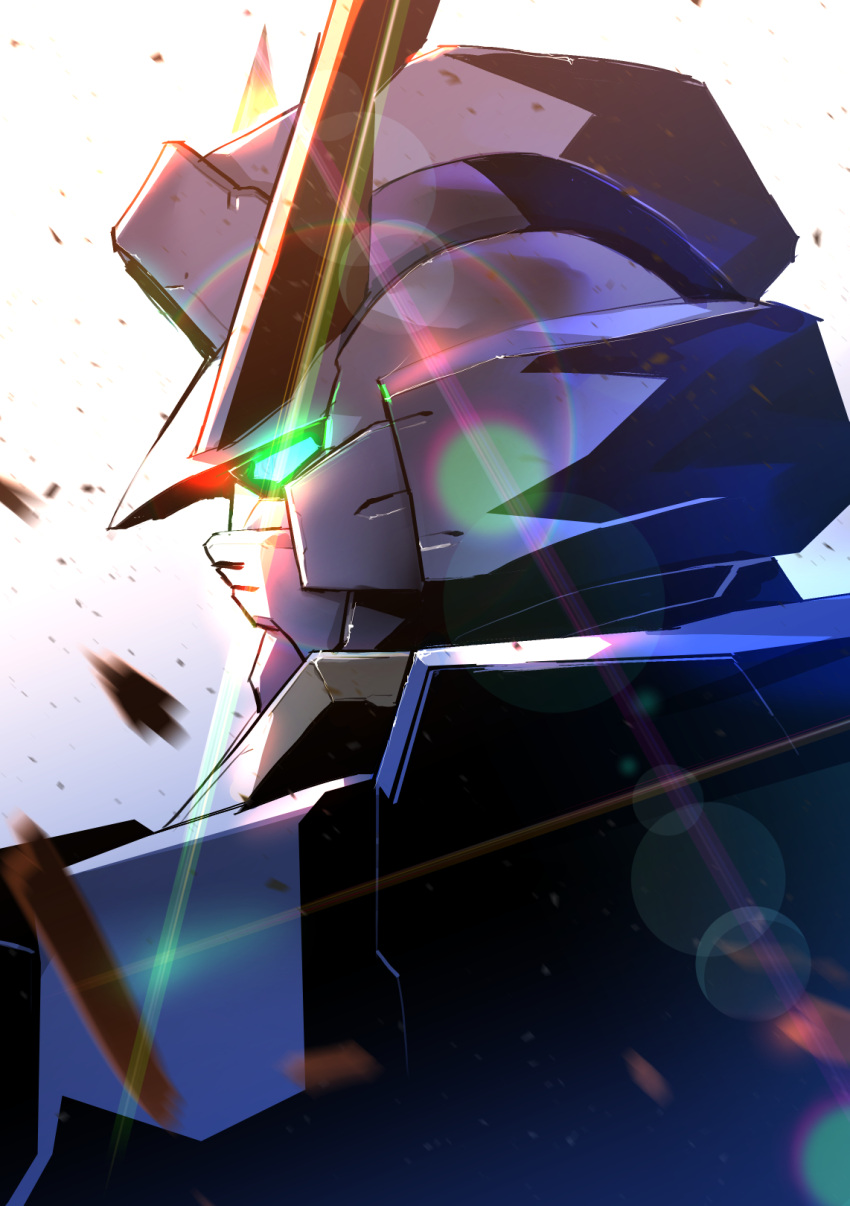 aqua_eyes from_behind glowing glowing_eye gundam gundam_age gundam_age-1 highres kuri_giepi lens_flare looking_to_the_side mecha mobile_suit no_humans science science_fiction solo v-fin