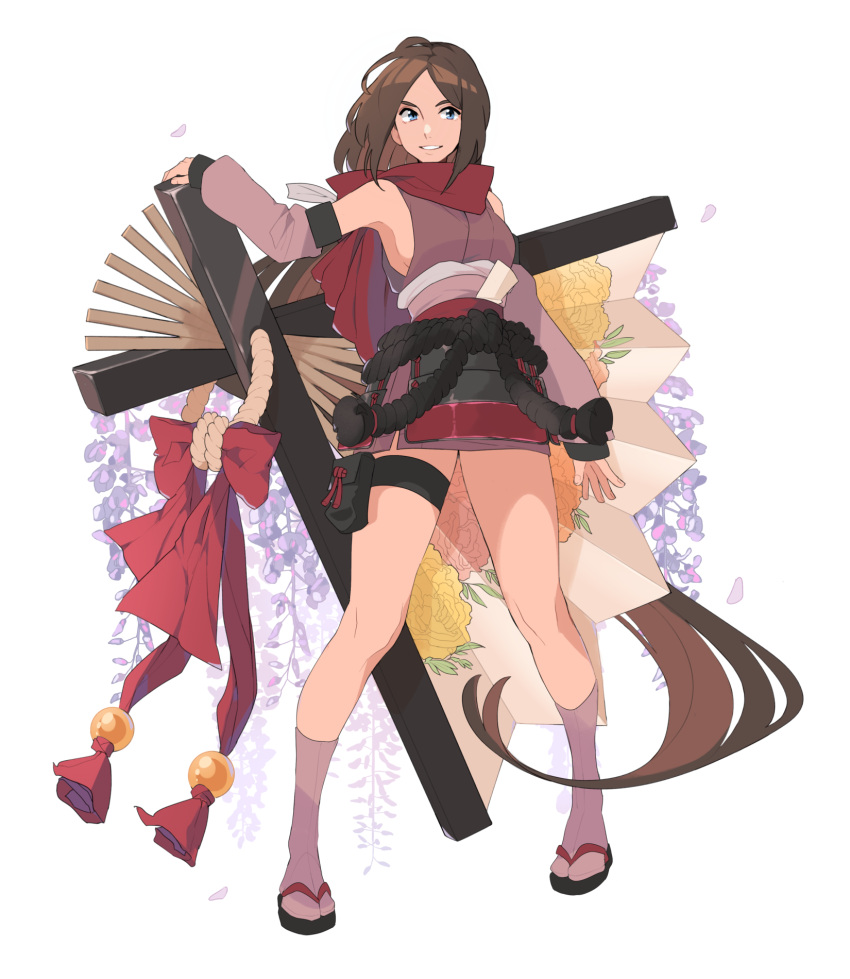 1girl azuumori black_sash blue_eyes brown_hair colored_inner_hair fan full_body highres japanese_clothes kimono long_hair looking_at_viewer low-tied_long_hair multicolored_hair original oversized_object pigeon-toed pink_legwear pouch red_ribbon red_scarf ribbon sandals sash scarf sengoku_basara short_kimono smile solo standing tabi tassel thigh_pouch thigh_strap very_long_hair