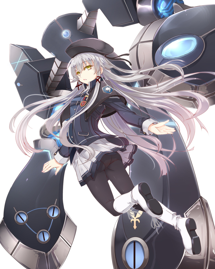 1girl altina_orion bangs black_capelet black_headwear black_legwear capelet eiyuu_densetsu eyebrows_visible_through_hair flat_chest hair_between_eyes hat highres long_hair long_sleeves open_mouth panties panties_under_pantyhose pantyhose pleated_skirt satomi sen_no_kiseki silver_hair skirt solo underwear white_background yellow_eyes