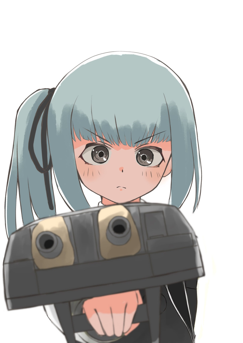 1girl adapted_turret aiming aiming_at_viewer brown_eyes cannon commentary_request grey_hair highres kantai_collection kasumi_(kancolle) long_hair looking_at_viewer negative_space simple_background solo toplow turret upper_body white_background