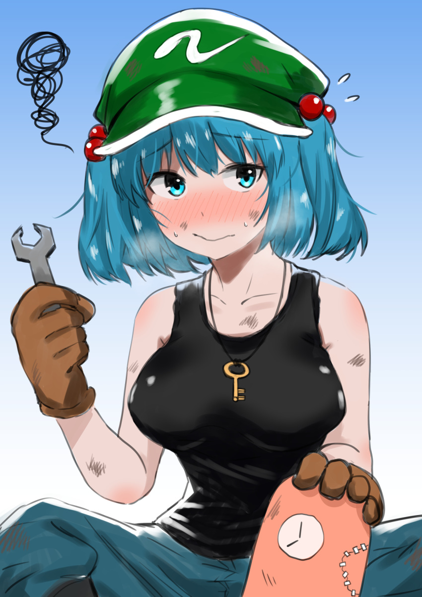 1girl bangs bare_shoulders black_tank_top blue_background blue_eyes blue_hair blue_pants blue_skirt blush breasts closed_mouth collarbone eyebrows_visible_through_hair flustered flying_sweatdrops furrowed_eyebrows gradient gradient_background green_headwear hair_bobbles hair_ornament hand_up hat highres kawashiro_nitori key large_breasts looking_at_viewer nose_blush pants sen_(daydream_53) simple_background sitting skirt solo squiggle tank_top touhou two_side_up wavy_mouth wrench