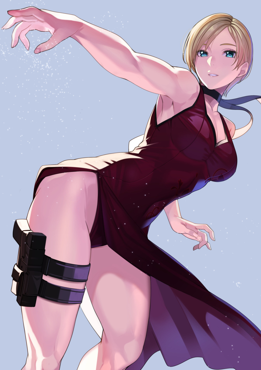 1girl absurdres bare_arms bare_legs black_choker blonde_hair blue_background blue_eyes breasts choker cleavage copyright_request dress fingernails gun hand_up handgun highres kagematsuri large_breasts leaning_forward leg_holster leotard long_dress looking_at_viewer pink_nails pistol red_dress red_leotard short_hair smile solo standing thigh_strap weapon