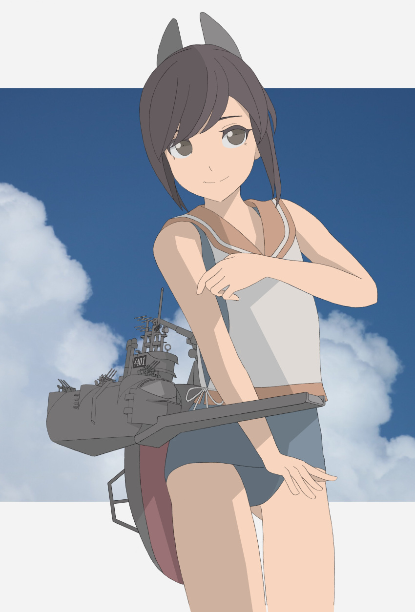 1girl absurdres blue_sky brown_eyes brown_hair cloud commentary_request cowboy_shot highres i-401_(kancolle) kantai_collection machinery orange_sailor_collar ponytail sailor_collar school_swimsuit shirt short_hair short_ponytail side-tie_shirt sky sleeveless sleeveless_shirt smile solo swimsuit swimsuit_under_clothes tsubame11