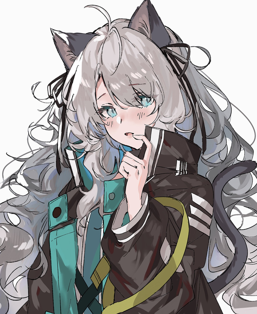 1girl ahoge animal_ears aogisa aqua_eyes arknights bangs black_coat black_ribbon blush cat_ears cat_girl cat_tail coat eyebrows_visible_through_hair finger_to_mouth hair_ribbon highres index_finger_raised long_hair long_sleeves looking_at_viewer mint_(arknights) open_clothes open_coat ribbon silver_hair solo tail upper_body very_long_hair