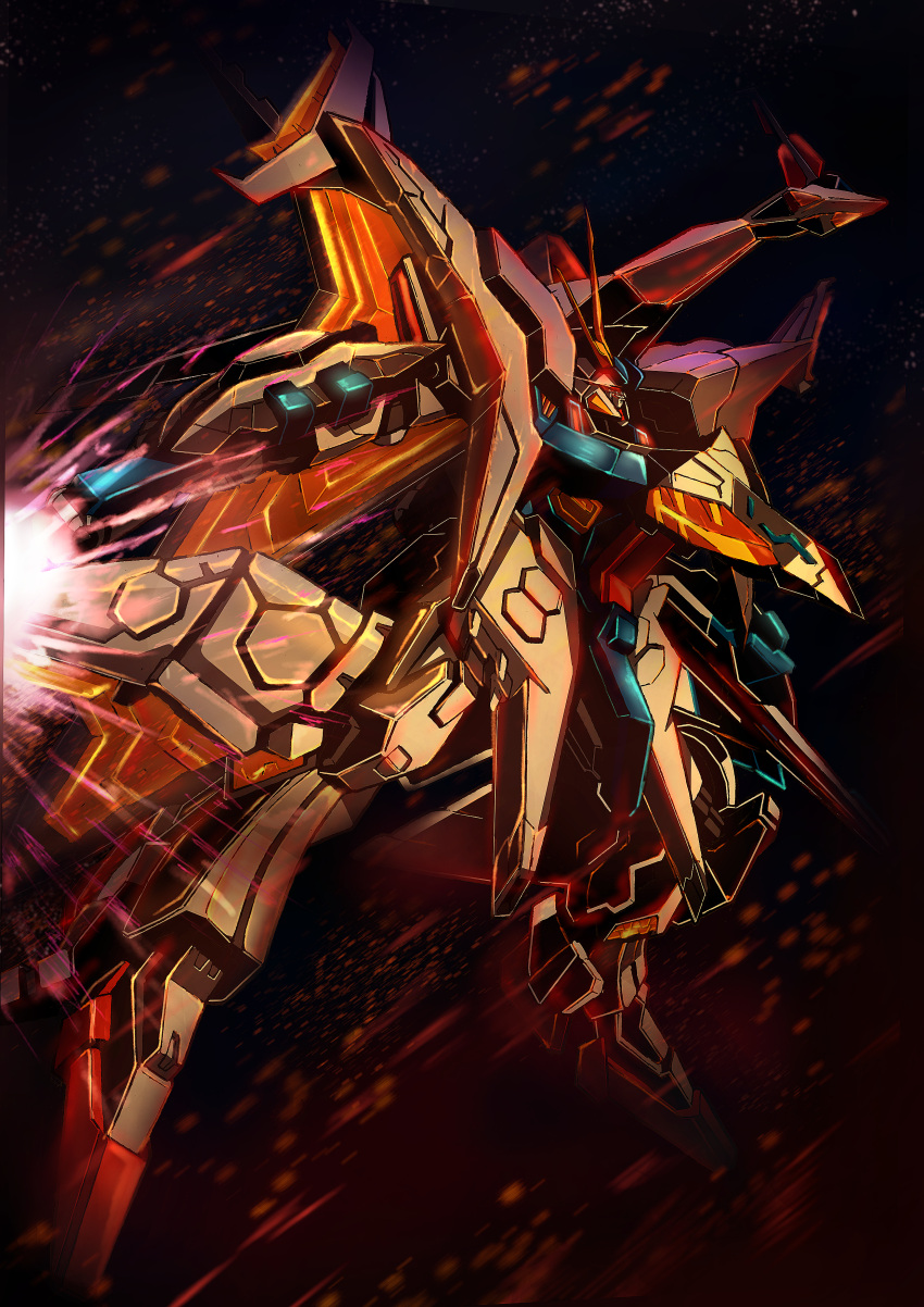 absurdres beam_saber black_background glowing glowing_eyes gundam gundam_hathaway's_flash highres holding holding_sword holding_weapon looking_up mecha mobile_suit no_humans penelope red_eyes science_fiction solo sunflower_(tomodog422) sword v-fin weapon