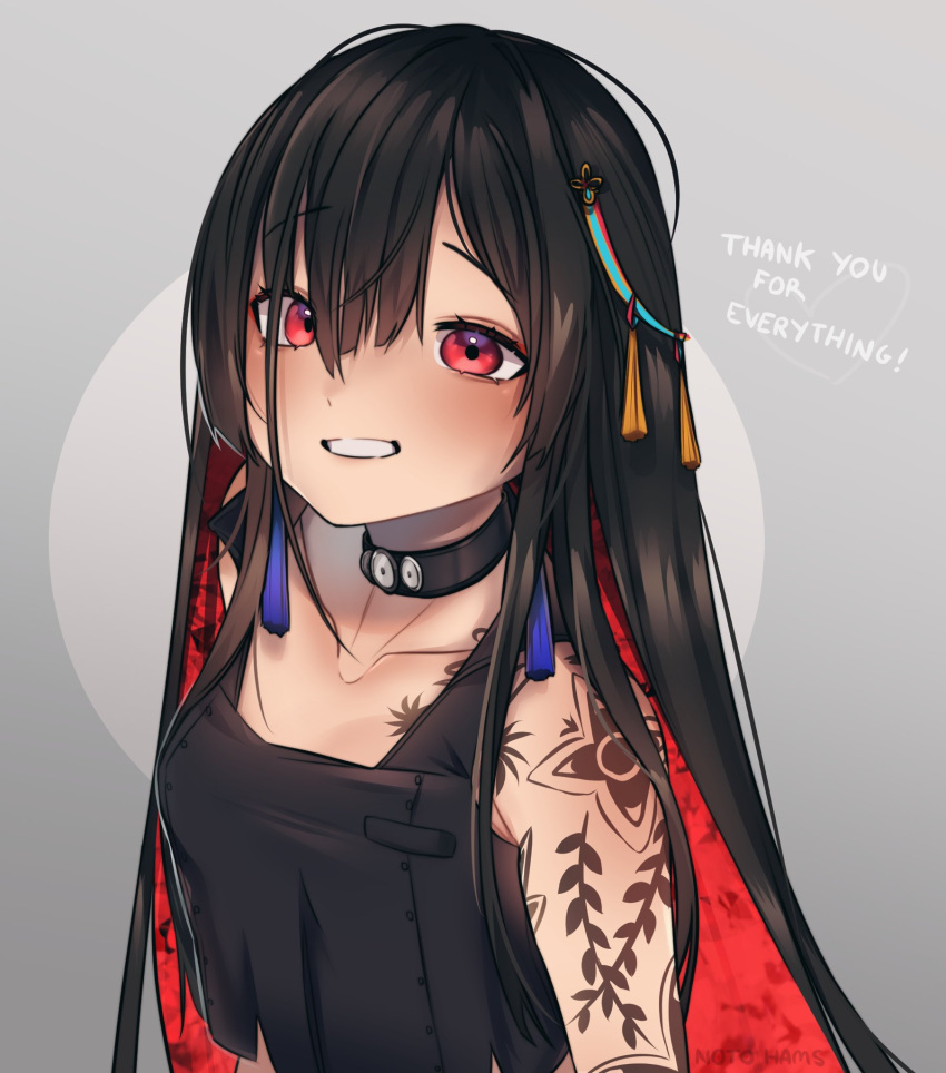 1girl arm_tattoo bangs black_choker black_hair blush choker collarbone colored_inner_hair crop_top english_text eyebrows_visible_through_hair henna highres looking_up multicolored_hair nijisanji nijisanji_in noor_(nijisanji) noto_hams red_eyes red_hair smile solo tattoo upper_body virtual_youtuber