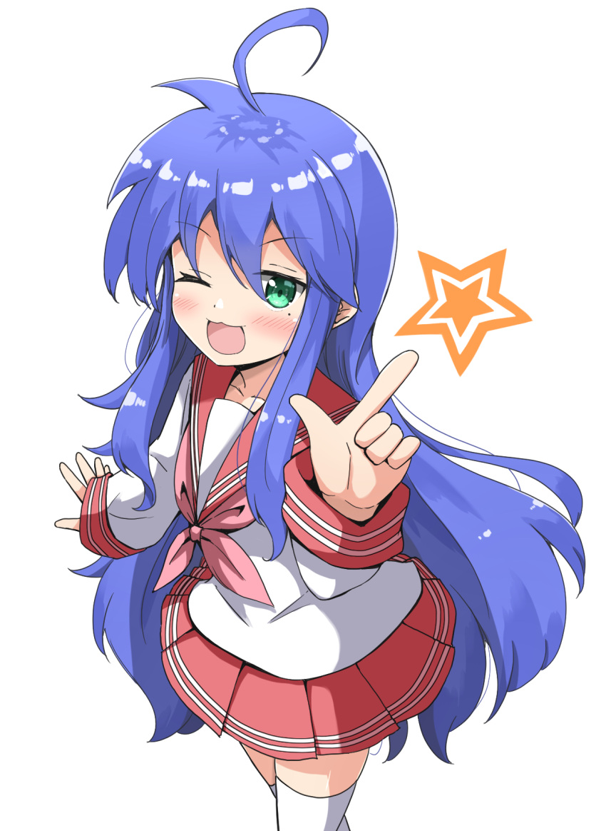 1girl :3 ;d ahoge aikawa_ryou bangs blue_hair blush collarbone commentary_request green_eyes hair_between_eyes highres index_finger_raised izumi_konata long_hair long_sleeves looking_at_viewer lucky_star mole mole_under_eye neckerchief one_eye_closed open_mouth pink_neckwear pleated_skirt ryouou_school_uniform sailor_collar school_uniform serafuku shirt simple_background skirt sleeves_past_wrists smile solo thighhighs very_long_hair white_background white_legwear white_shirt zettai_ryouiki