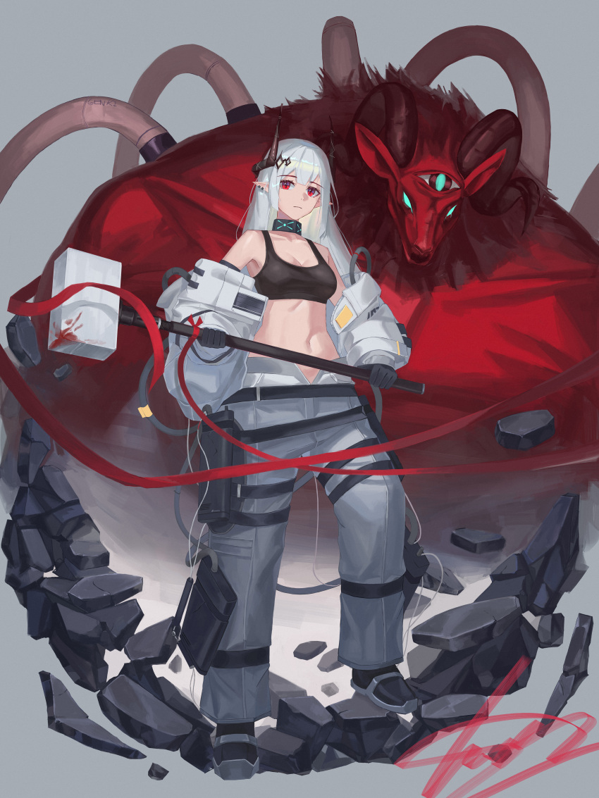 1girl absurdres arknights bangs bare_shoulders black_choker black_footwear black_gloves breasts choker cleavage commentary crop_top eyebrows_visible_through_hair full_body gloves grey_background hammer highres holding holding_hammer holding_weapon horns infection_monitor_(arknights) long_hair looking_at_viewer medium_breasts midriff mudrock_(arknights) navel obsession off_shoulder pointy_ears red_eyes shoes silver_hair solo sports_bra standing stomach weapon
