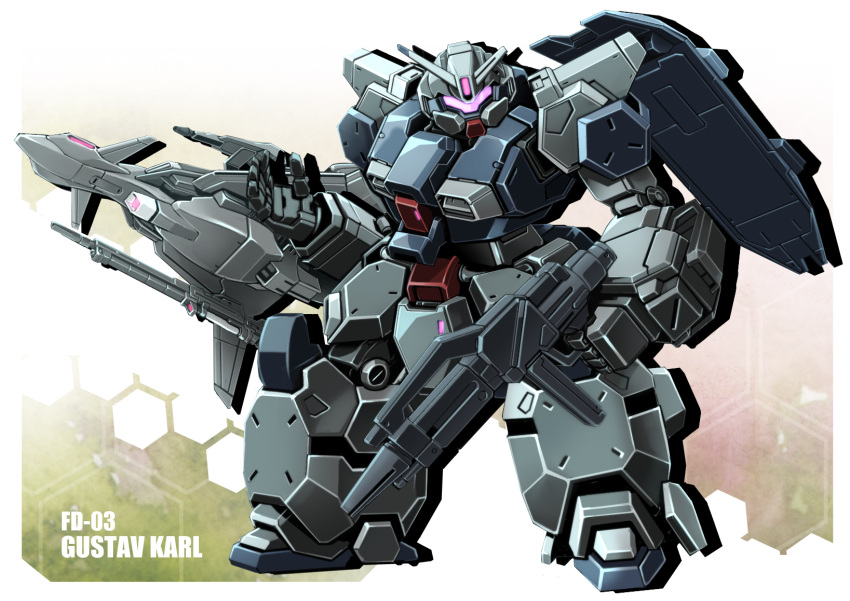 aircraft character_name flying gun gundam gundam_unicorn gustav_karl head_tilt highres holding holding_gun holding_weapon looking_at_viewer mecha mobile_suit no_humans open_hand science_fiction sibelurabbi solo v-fin visor weapon