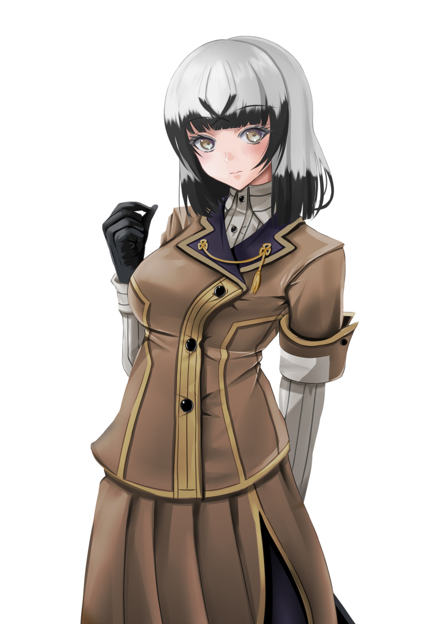 1girl bangs black_gloves black_hair breasts brown_eyes brown_jacket brown_skirt collared_shirt commentary_request dress_shirt eyebrows_visible_through_hair gloves grey_hair grey_shirt hand_up highres jacket long_sleeves looking_at_viewer medium_breasts multicolored_hair pleated_skirt satsuki_yomi shirt short_over_long_sleeves short_sleeves simple_background skirt solo toji_no_miko two-tone_hair white_background yumibakama_meme