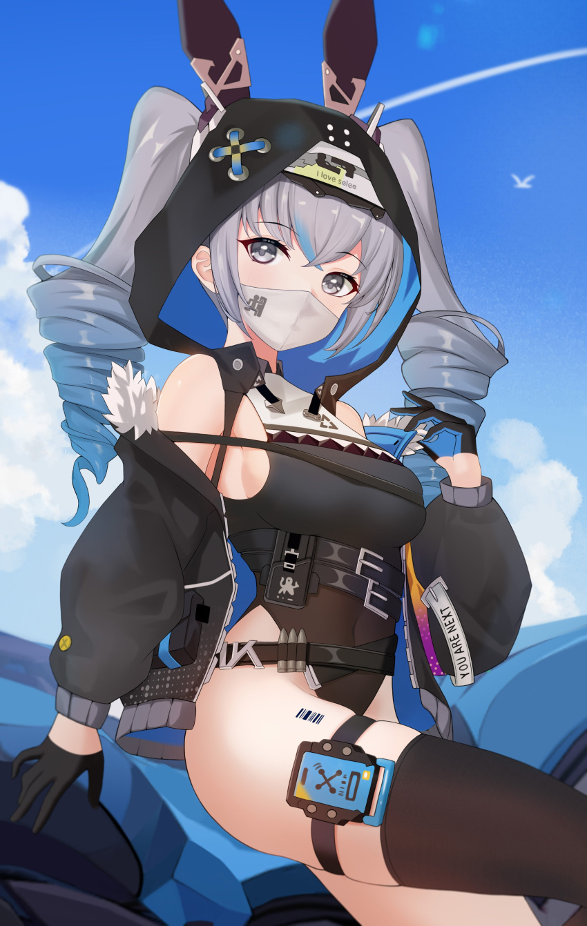 absurdres animal_ears armpits bare_shoulders belt black_jacket breasts bronya_zaychik_(haxxor_bunny) bunny_ears drill_hair eyebrows_visible_through_hair fake_animal_ears gloves hair_between_eyes hand_up highres honkai_(series) honkai_impact_3rd hood jacket leg_up legs long_hair long_sleeves looking_at_viewer mask medium_breasts multicolored_hair navel off_shoulder open_clothes open_jacket silver_eyes single_thighhigh sitting sky takeawatch thigh_strap thighhighs thighs tight