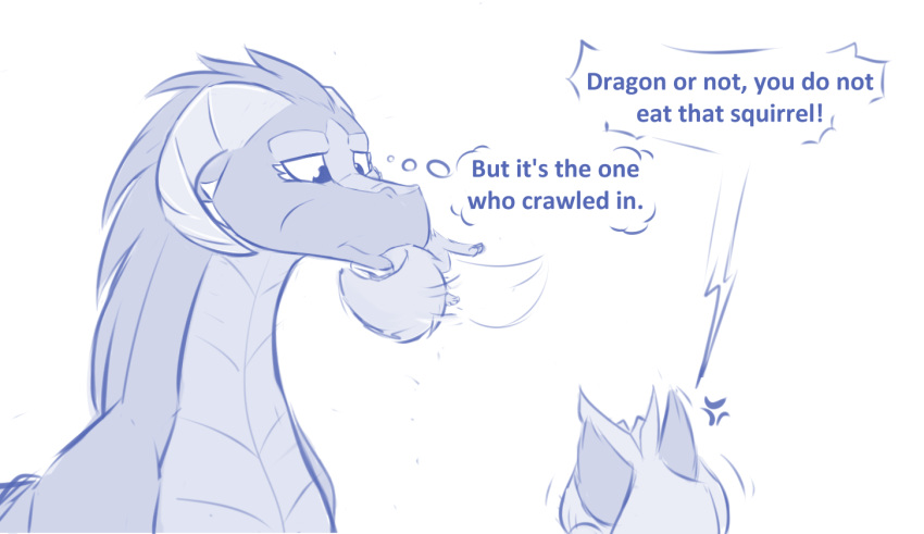 anthro blue_and_white dialogue digital_media_(artwork) dragon english_text feral horn infinitedge2u karen_taverndatter madam_reni_(twokinds) monochrome mrs._nibbly text thought_bubble trio twokinds vore webcomic