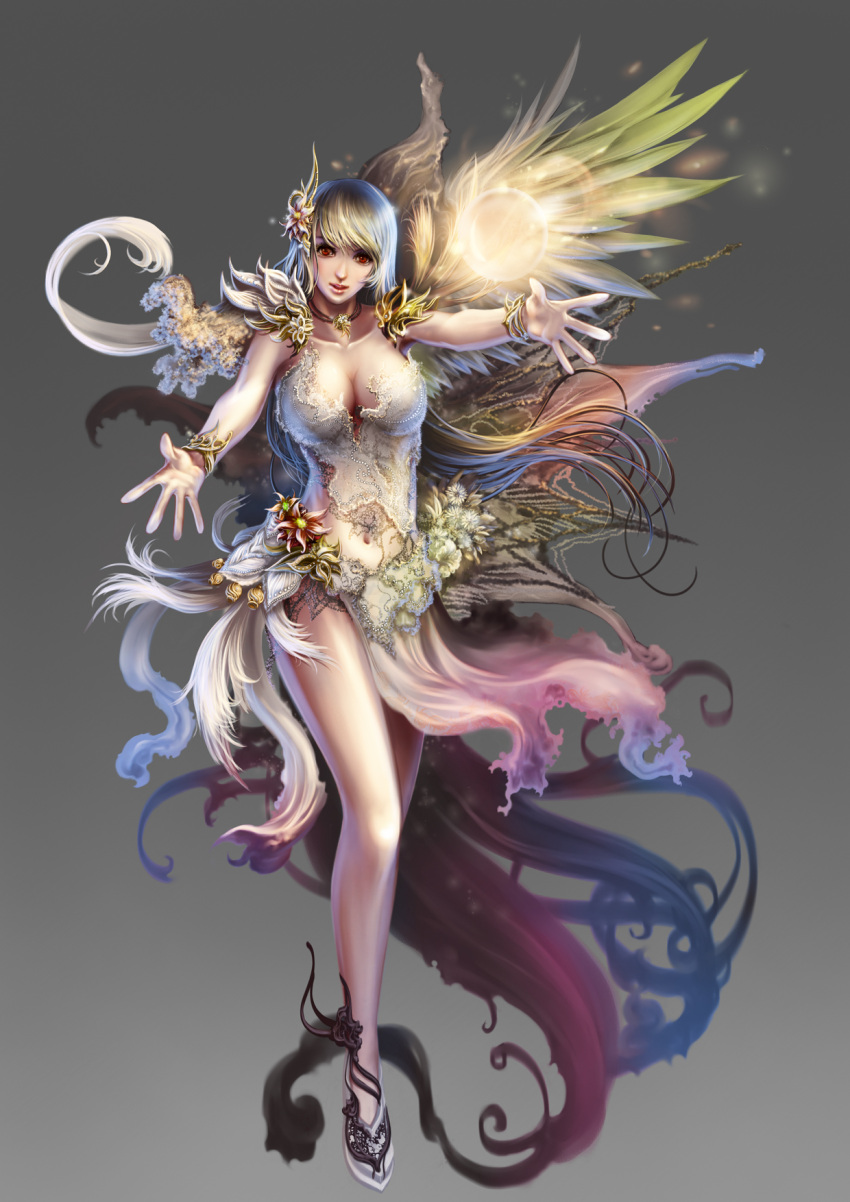 1girl antilous bare_legs blonde_hair bracelet breasts chinese_commentary cleavage commentary_request flower full_body glowing goddess gradient grey_background hair_ornament highres jewelry large_breasts legs lips long_hair looking_at_viewer magic navel necklace original outstretched_arms outstretched_hand red_eyes shoes single_wing solo very_long_hair wings